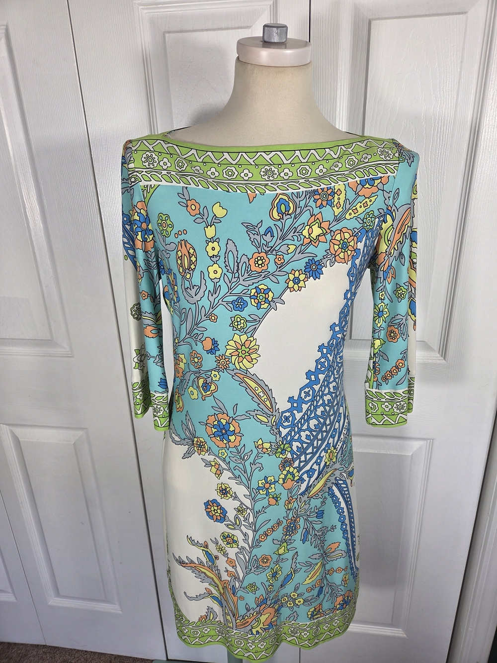 Donna Morgan Sheath Dress Womens 8 Floral Paisley Blue Green 3/4 Sleeve